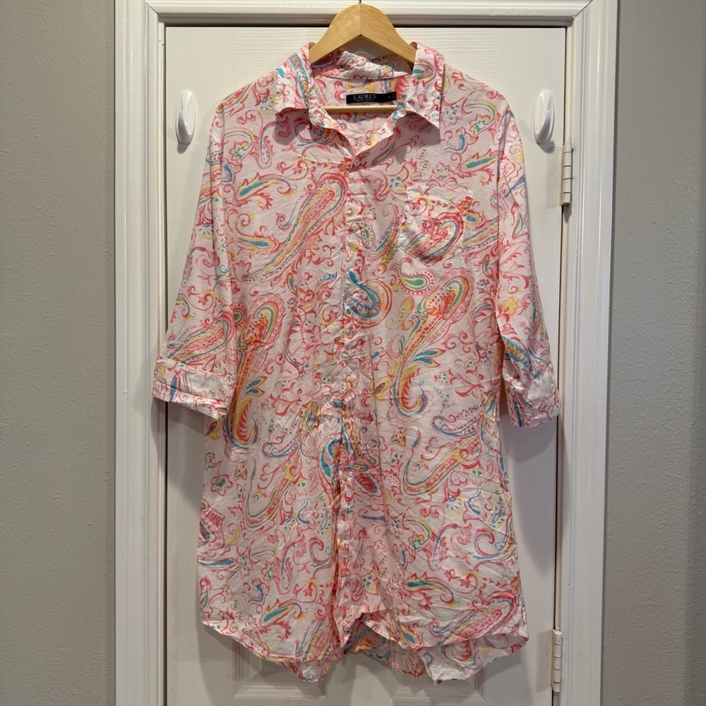 Lauren Ralph Lauren Pajama Shirt Dress Women’s XL Paisley Pink Embroidered Logo